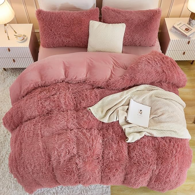 Andency Fluffy Old Pink Comforter Set Full Size, 3 Pieces Winter Faux Fur Warm Soft Fuzzy Plush Bedding Comforter Set (1 Velvet Comforter & 2 Pillowcases), Thick Heavy Comfy Comforters Bedding Set
