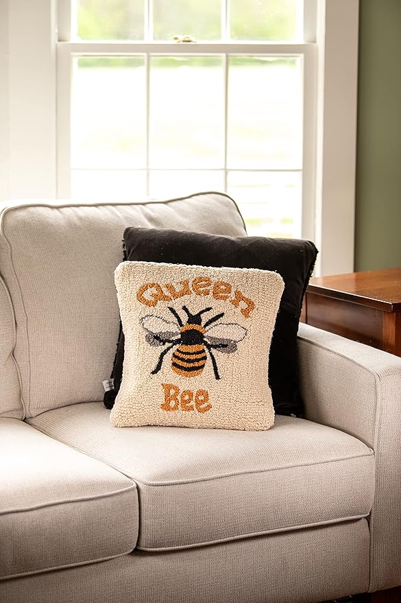 Chandler 4 Corners Artist-Designed Queen Bee Hand-Hooked Wool Decorative Throw Pillow (14 in x 14 in) Farm & Garden Pillow for Couches & Beds - Low Maintenance Nature Bee Farmhouse Home Décor