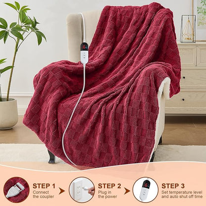 Electric Heated Blanket Queen Size Dual Control - Jacquard Checkered Sherpa 84"x90" Fast Heating Bed Blankets with 6 Heating Levels & 10 Hours Auto Off, Over-Heat Protection ETL, Red
