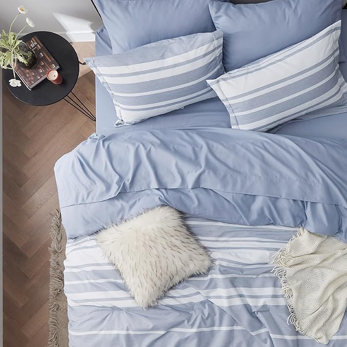 Bedsure Twin Comforter Set 5 Pieces, Blue Striped Bedding Set for All Seasons, Reversible, Cationic Dyeing Bed in a Bag with Comforter, Sheets, Pillowcase & Sham