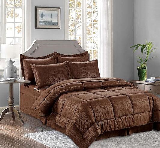 Luxury Best, Softest, Coziest 8-Piece Bed-in-a-Bag Comforter Set - Elegant Comfort - Silky Soft Bamboo Pattern Complete Set Includes Bed Sheet Set with Double Sided Storage Pockets, King, Brown