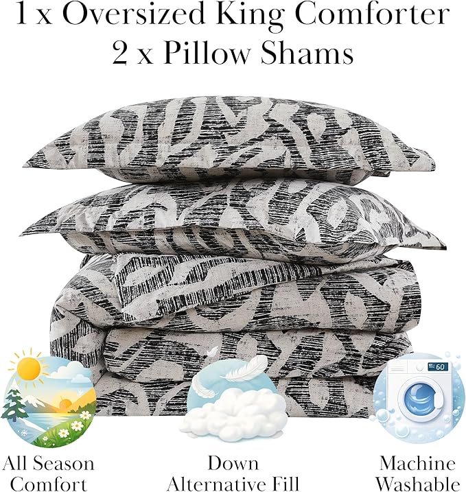 Southshore Fine Living, Inc. Oversized King Size Comforter Bedding Set, Down Alternative Filling, Modern Abstract Bed Spread, California/King Comforter & Matching Shams, Slate Khari