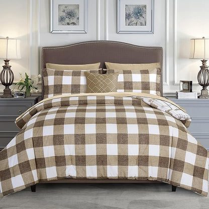 Elegant Comfort 8-Piece Lodge Plaid Reversible Comforter Set - All Season Bed in a Bag, 4-Piece Sheet Set Featuring Smart Pockets, Matching Shams and Decorative Pillow, Twin/Twin XL, Taupe