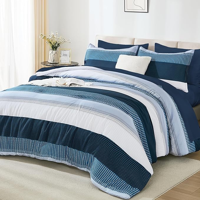 Andency Full Size Comforter Set Navy - 7 Pieces Striped Lightweight Bed in a Bag, Soft Microfiber Reversible Bedding Set with Comforter, Fitted & Flat Sheet, Pillowcases & Shams