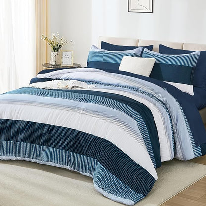 Andency Full Size Comforter Set Navy - 7 Pieces Striped Lightweight Bed in a Bag, Soft Microfiber Reversible Bedding Set with Comforter, Fitted & Flat Sheet, Pillowcases & Shams