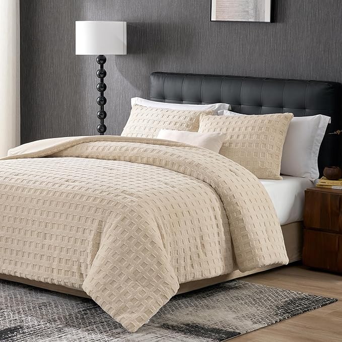 Amélie Home Waffle Comforter King Size Set, Khaki Fleece Beding Set, Fluffy Plush Bedding Set for Winter，Super Soft Warm,3 Pieces, 1 Cozy Comforter and 2 Pillowcases