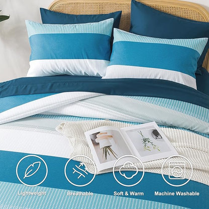 Andency Queen Comforter Set Teal - 7 Pieces Striped Lightweight Bed in a Bag, Soft Microfiber Reversible Bedding Set with Comforter, Fitted & Flat Sheet, Pillowcases & Shams