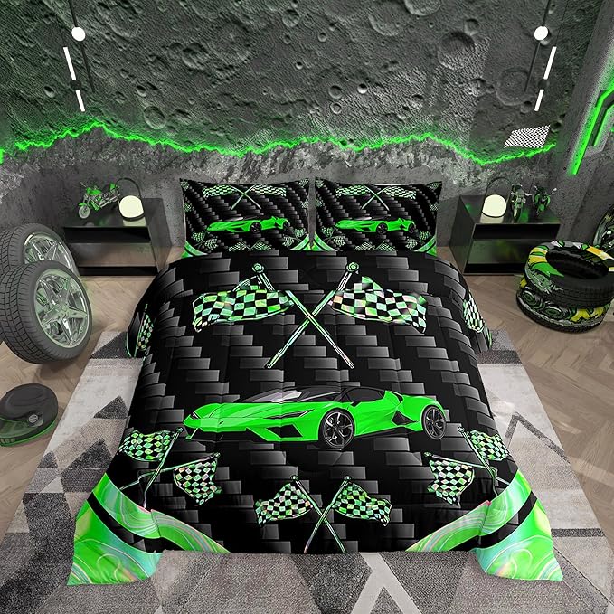 jejeloiu Green Race Car Bedding Set Toddle Size Extreme Sports Comforter Set for Kids Teens Adult Fast and Furious Duvet Set Dazzling Flag Quilt Set 2Pcs