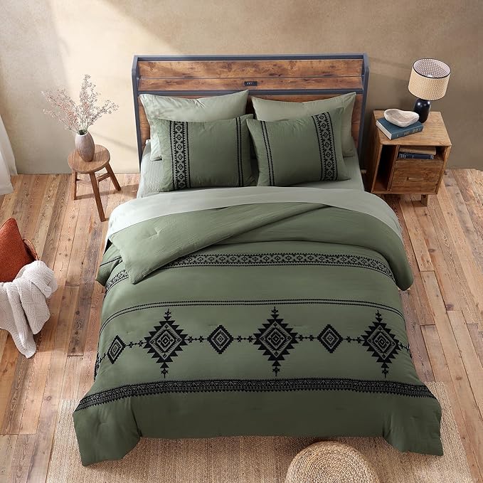MaiRêve Embroidery Comforter Set, Boho Farmhouse Western Bedding Set, All Season Bed in A Bag Comforter Set with Sheets, Pillowcases & Shams, Olive Green King 7 Pieces