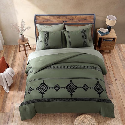 MaiRêve Super King Plus Comforter Set Dark Olive Green, Embroidery Western Boho Bedding Set 7 Pieces, All Season Farmhouse Bed in A Bag Comforter Set with Sheets, Pillowcases & Shams