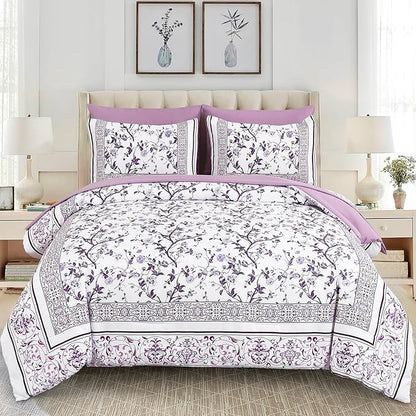 Dobuyly Purple Comforter Set Queen Size, 7 Piece Bed in a Bag Queen Floral Botanical Bedding Set, Soft Microfiber Bedding Comforter Sets with Sheets for All Season