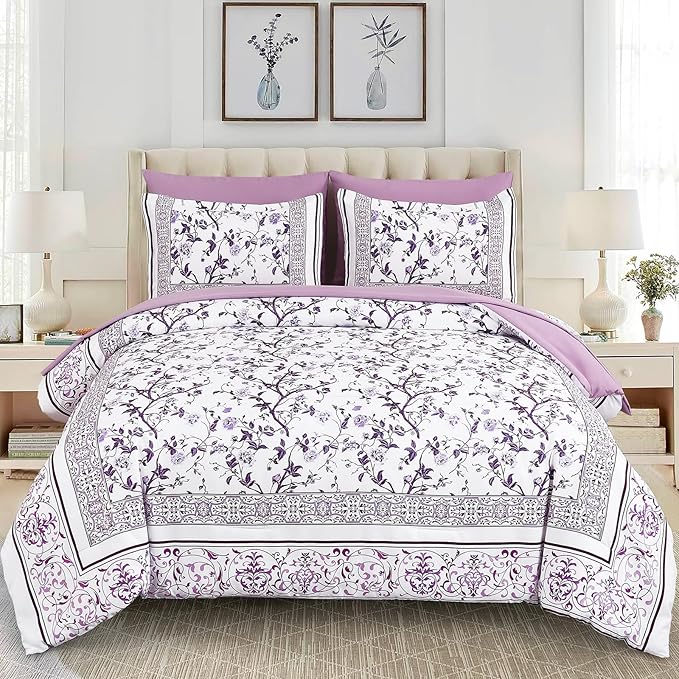 Dobuyly Purple King Size Comforter Set, Floral Botanical Bedding Set 7 Piece Bed in a Bag King, Soft Microfiber Bedding Comforter Sets with Sheets for All Season