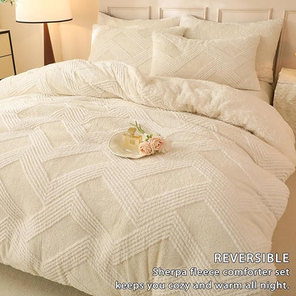 Tufted Boho Comforter Set Twin - White Fluffy Sherpa Bedding Set, Soft Fuzzy Jacquard Quilt Set, 2 Pieces Cozy Bed Set Warm Comforter for Winter(68"X90")