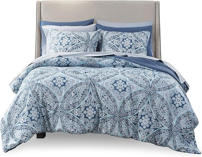 Comfort Spaces Bed in A Bag - Trendy Casual Design Cozy Comforter with Complete Sheet Set with Side Pocket, All Season Cover, Matching Shams, Queen(90"x90"), Gloria, Damask Blue 9 Piece