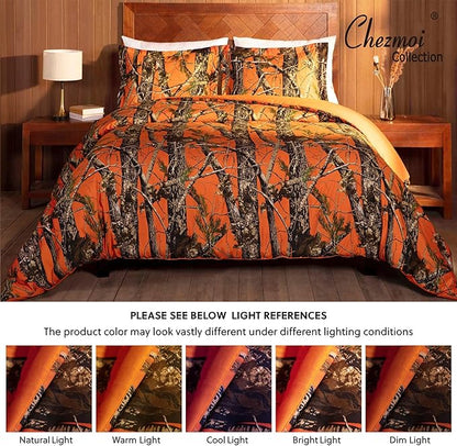 Chezmoi Collection Salem 3-Piece Cabin Lodge Forest Woods Comforter Set - Nature Camo Tree Leaves Printed Soft Microfiber Bedding - Orange, Full