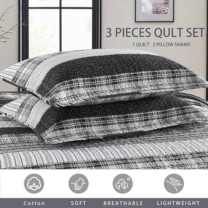 Homzard California King Comforter Set - 100% Cotton Bedding Comforter Set,Black Plaid Striped Oversized King Quilt, Black White Grey Farmhouse Bedspread (118 * 106 Inch) with 2 Pillow Shams,3 Pieces | Breathable, Lightweight, Reversible, All Season