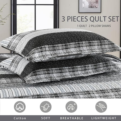 Homzard California King Comforter Set - 100% Cotton Bedding Comforter Set,Black Plaid Striped Oversized King Quilt, Black White Grey Farmhouse Bedspread (118 * 106 Inch) with 2 Pillow Shams,3 Pieces | Breathable, Lightweight, Reversible, All Season