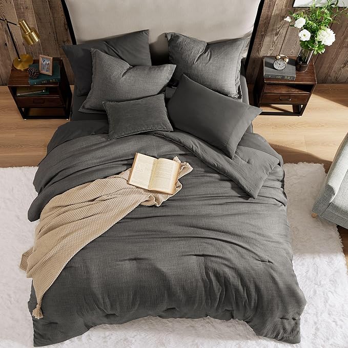 Geniospin Full Comforter Set - 7 Pieces Comforter Full Size, Solid Bedding Sets for All Season, Textured Bed in a Bag with Flat Sheet and Fitted Sheet, Pillowcases and Shams (Grey, 80''x90'')