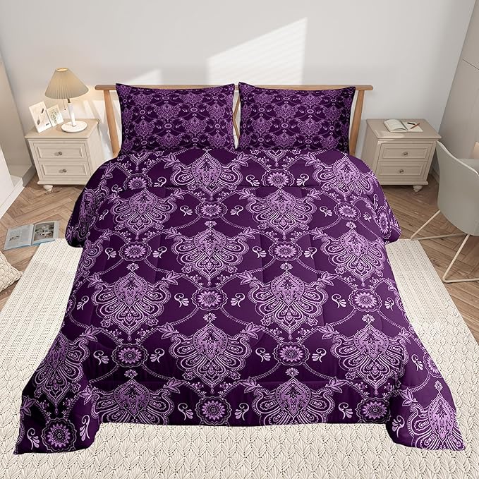 Feelyou Adults Purple Vintage Damask Floral Comforter Set Antique Drawing Classical Paisley Comforter King Size Gothic Bohemia Boho Floral Bedding Set Hotel Style Duvet Set Quilt Set 3Pcs