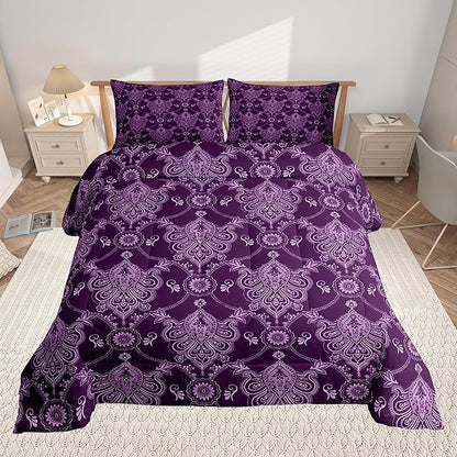 Feelyou Adults Purple Vintage Damask Floral Comforter Set Antique Drawing Classical Paisley Comforter King Size Gothic Bohemia Boho Floral Bedding Set Hotel Style Duvet Set Quilt Set 3Pcs