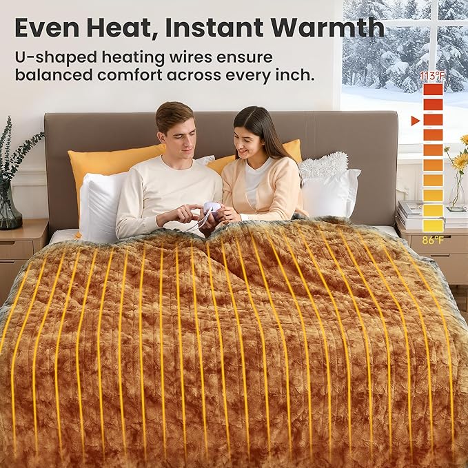 WOOMER Heated Blanket Twin Size 62" x 84", Electric Blanket with 0.5-12 Hours Timer & 10 Heating Levels, ETL Certified, Marble Gray Double-Sided Faux Fur, Over-Heat Protect, Machine Washable