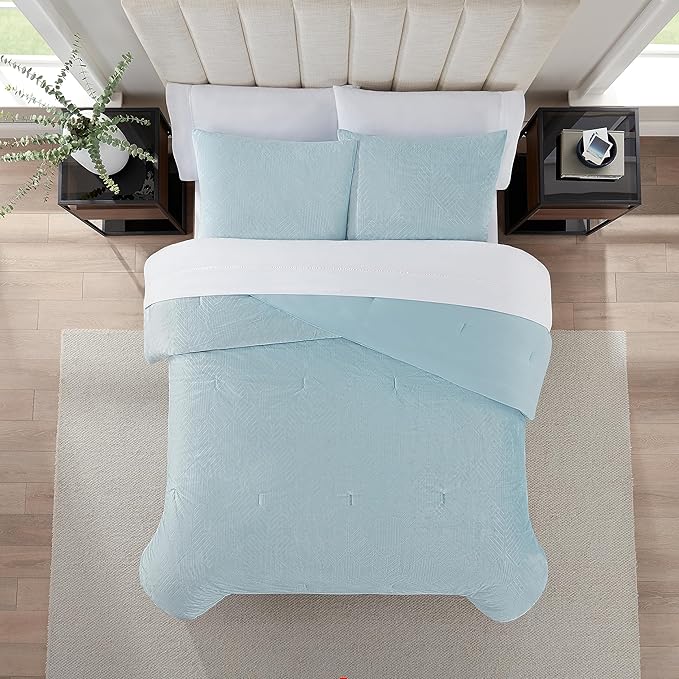 Nine West Maya 2 Piece Embossed Velvet Comforter Set, Luxurious All Season Bedding Including One Comforter and One Pillow Sham, Twin, Light Blue
