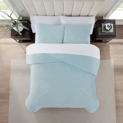 Nine West Maya 2 Piece Embossed Velvet Comforter Set, Luxurious All Season Bedding Including One Comforter and One Pillow Sham, Twin, Light Blue