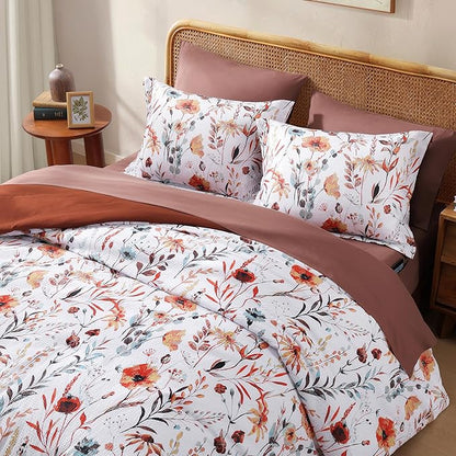 CASAAGUSTO King Comforter Set, 7 PCS White Floral Comforter Set with Terracotta Flowers Leaves Pattern, Soft Seersucker Design All Season King Bedding Set(102"X90")