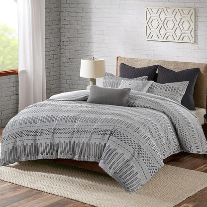 INK+IVY Luxurious Cotton-Bedding Set - Mid Century Trendy Geometric Design, All Season Cozy-Cover With Matching-Shams, King/Cal King, Rhea Jacquard Grey/Black