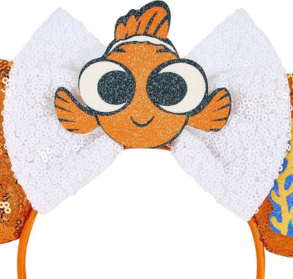 Mouse Ear Headbands, Sparkle Mouse Ears for Women Girls Adult Kids, Cartoon Sequin Headband Park Ears Trips Cosplay Costumes Accessories (Nemo)