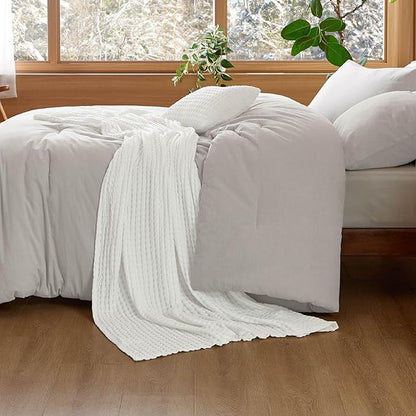 Bedsure 5 Pieces Cotton Comforter Set with Cotton Waffle Throw Blanket - Beige Queen Comforter, Pillow Shams, White Cooling Blanket of Rayon Derived from Bamboo for Hot Sleepers, Throw Pillow