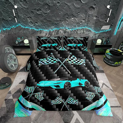 jejeloiu Teal Race Car Bedding Set Toddle Size Extreme Sports Comforter Set for Kids Teens Adult Fast and Furious Duvet Set Dazzling Flag Quilt Set 2Pcs