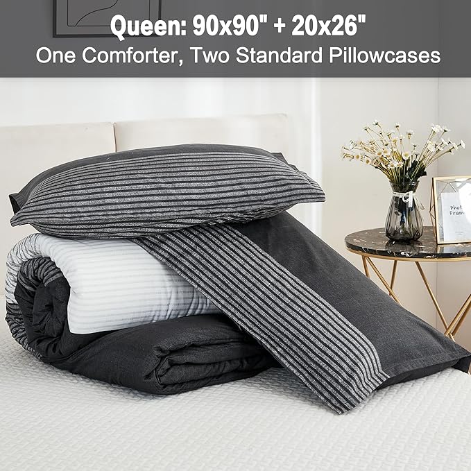 Litanika Queen Comforter Set Black White Grey - 3 Pieces Lightweight Summer Bedding Set, All Season Down Alternative Comforter (1 Comforter, 2 Pillowcases)