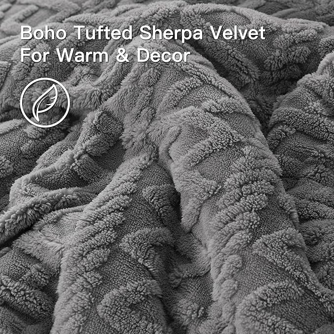 Andency Fluffy Sherpa Full Comforter Set Grey, Super Soft Gray Fleece Warm Bedding for Winter, Luxury Jacquard Boho Thick Fuzzy Plush Bed Set 3 Pieces(1 Shaggy Comforter, 2 Pillowcases)