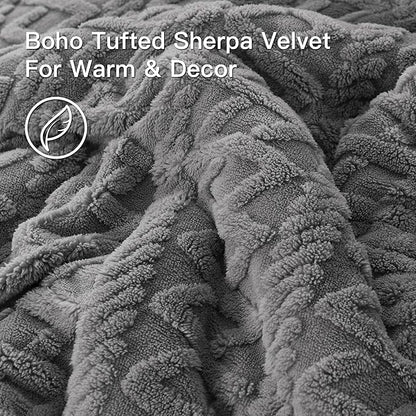 Andency Fluffy Sherpa Full Comforter Set Grey, Super Soft Gray Fleece Warm Bedding for Winter, Luxury Jacquard Boho Thick Fuzzy Plush Bed Set 3 Pieces(1 Shaggy Comforter, 2 Pillowcases)