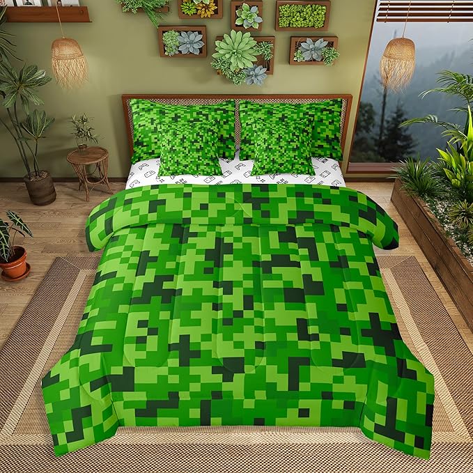 Green Pixelated Gamer Bedding Sets King Size,Video Games 7Pcs Comforter Set,Kids Boys Girls Teens Room Decor,Cartoon Gamepad Bed in a Bag Modern Geometric Check Flat Fitted Sheet,2 Pillowcases