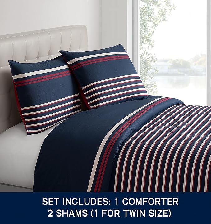 Nautica - Twin Comforter Set, Cotton Reversible Bedding with Matching Sham, Medium Weight for Year Round Use, Oeko-Tex Certified, Dorm Essentials (Mineola Navy)
