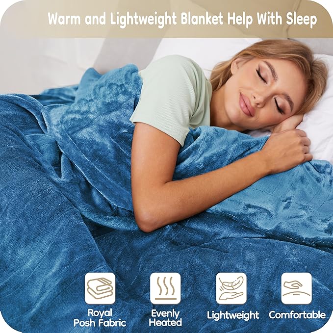 Electric Heated Blanket King Size 90"×100", Comfortable & Luxurious Flannel, 4 Heating Levels & 10 H Auto Shut Off, Lake Blue