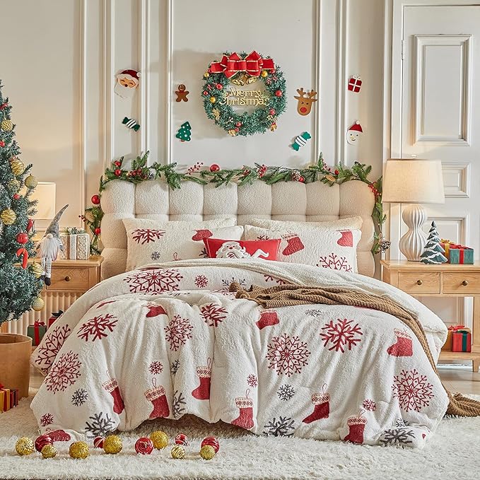 Christmas Sherpa Comforter Set King Size 3 Pieces Holiday Winter Bedding Microfiber Warm Fleece Comforter with 2 Pillow Shams - Thanksgiving New Year Gift Choice with Red Snowflake n Xmas Socks