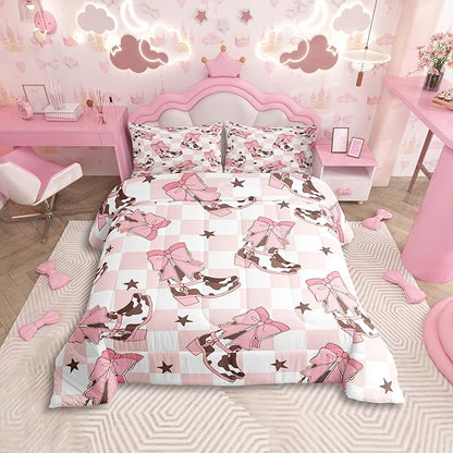 Feelyou Pink Western Bedding Set Cowgirl Cowboy Boots Comforter Set for Kids Boys Girls Teens Room Decor Cute Bowknot Dreamy Princess Style Comforter King Size Plaid Duvet Set 3Pcs