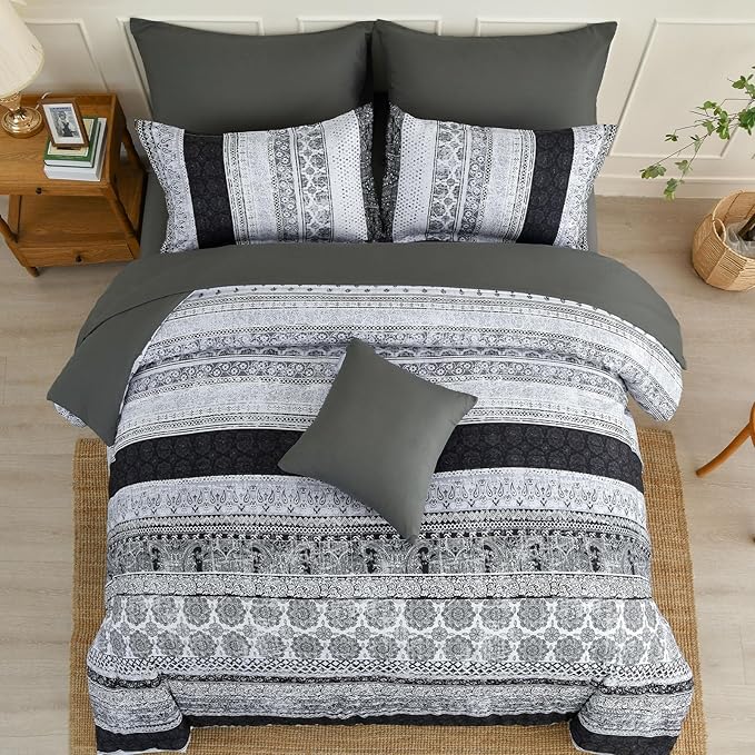 Cottolester Boho Queen Size Comforter Set 8 Pieces,Gray Bohemian Striped Bed in a Bag,Floral Soft Microfiber Bedding Comforter Set