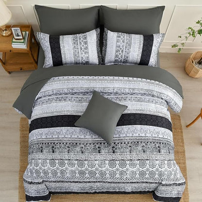 Cottolester Boho Queen Size Comforter Set 8 Pieces,Gray Bohemian Striped Bed in a Bag,Floral Soft Microfiber Bedding Comforter Set