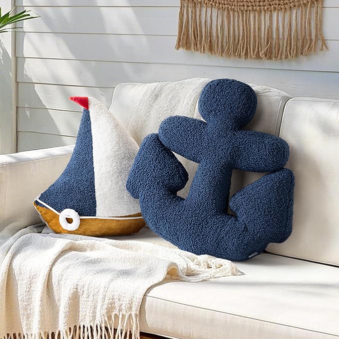 AELS Sailboat & Anchor Nautical Throw Pillows Set of 2, Coastal Decor for Beach Enthusiasts Beach House, Ideal for Sofa Couch Living Room Bedroom and Nursery, Navy Blue and White