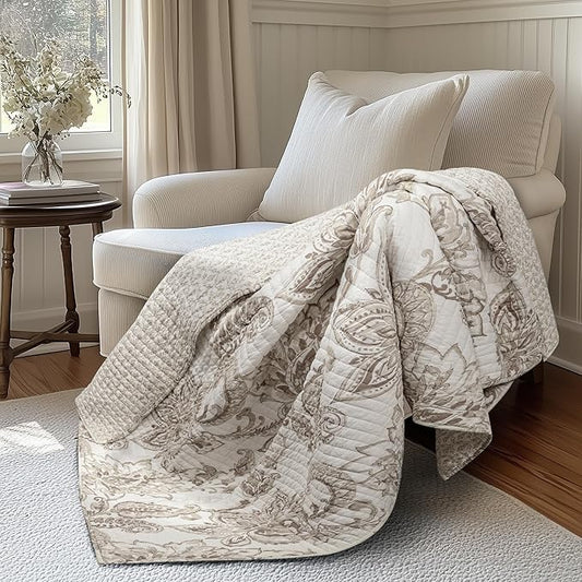 Levtex Home - Bennett Taupe - Throw - Floral Paisley - Taupe and Cream - Throw (50x60in.) - Cotton