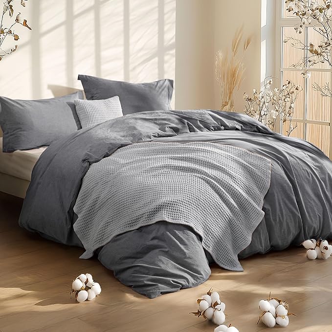 Bedsure 5 PCS Cotton Comforter Set with Waffle Throw Blanket - Soft Breathable Bedding Set for All Seasons, Dark Grey Comforter Full Size, Pillow Shams, Grey 100% Cotton Blanket, Throw Pillow