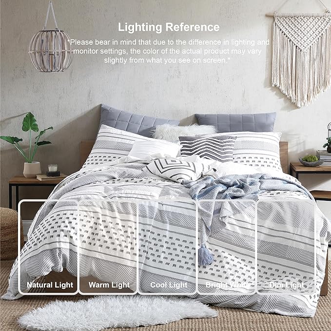 Swift Home Atayal 100% Cotton Herringbone & Clip Jacquard Bedding 5-Piece Comforter Set, All Season & Breathable, Oeko-TEX Certified – Grey, Full/Queen