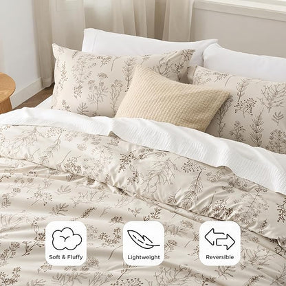 Bedsure Twin/Twin XL Comforter Set - Beige Bed Set, 2 Pieces Cute Floral Bedding, 1 Soft Botanical Flowers Comforter and 1 Pillow Shams