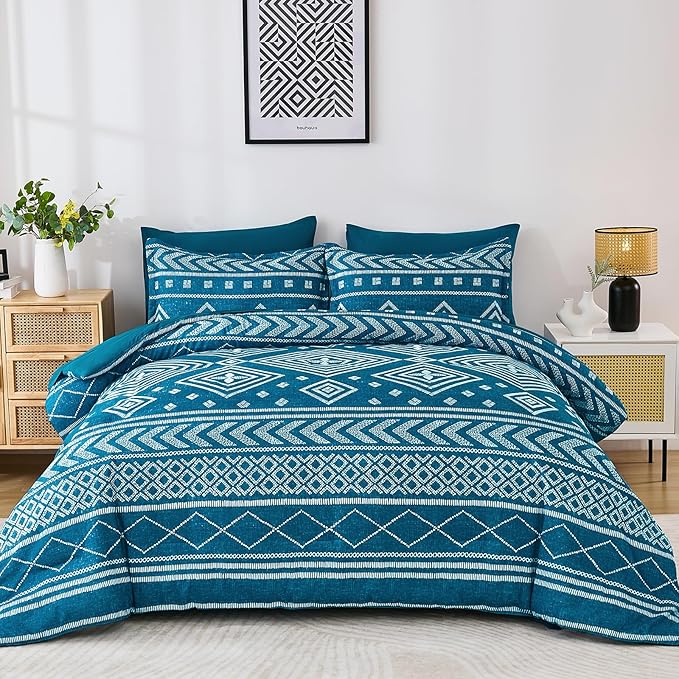Yiran Teal Blue Comforter Set Queen Size, 7 Piece Boho Aztec Bedding Set, Geometric Bed in a Bag Queen, Soft Microfiber Bohemian Striped Complete Bedding Set with Sheets for All Season