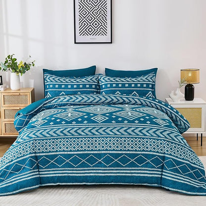 Yiran Teal Blue Comforter Set Queen Size, 7 Piece Boho Aztec Bedding Set, Geometric Bed in a Bag Queen, Soft Microfiber Bohemian Striped Complete Bedding Set with Sheets for All Season