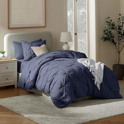 Nestl Twin XL Comforter Set 5 Piece - Pintuck Twin XL Bedding Set Navy, College Dorm Room Essentials Bed in a Bag, Twin XL Comforter Set for College Girls and Boys with Sheets, Pillowcase and Sham